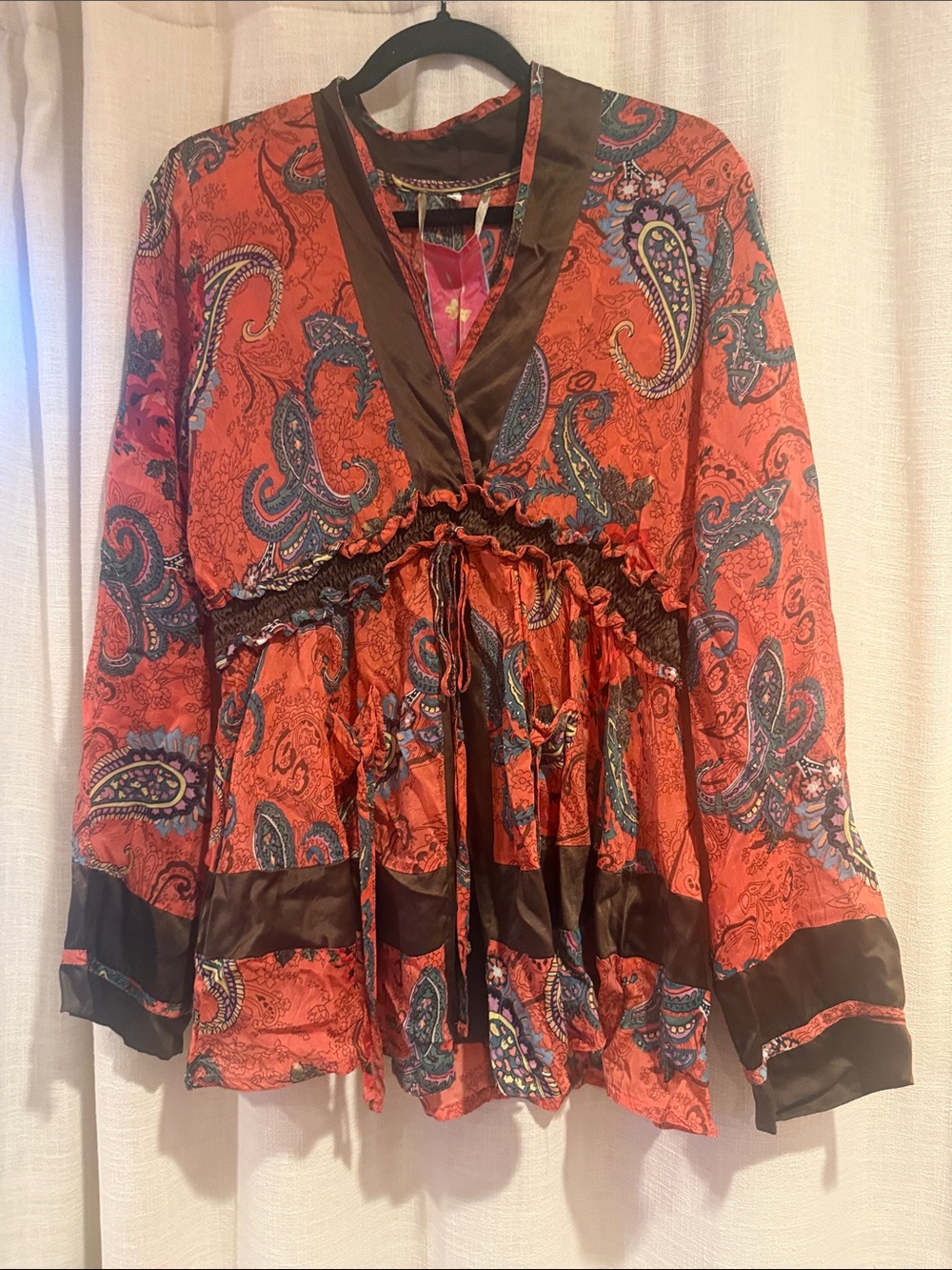 Johnny Was Rust Red Paisley V-Neck Smocked Waist Tunic